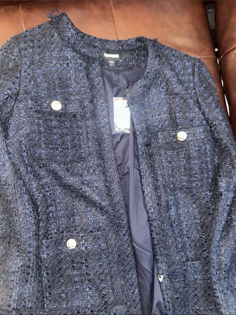 Express Navy Blue Tweed Pocket Jacket NWT